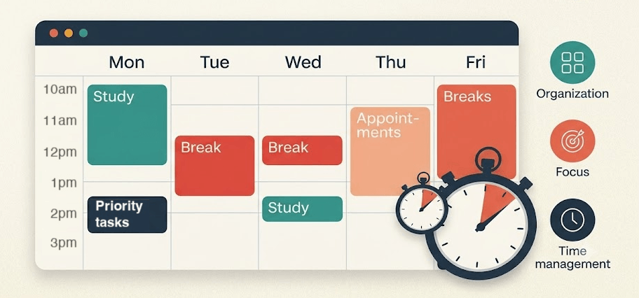 A weekly planner with study blocks, breaks, appointments, and priority tasks laid out across Monday through Friday